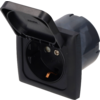 Black recessed electrical outlet with open hinged cover, round socket openings and visible screw