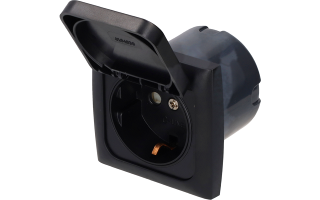 Black recessed electrical outlet with open hinged cover, round socket openings and visible screw