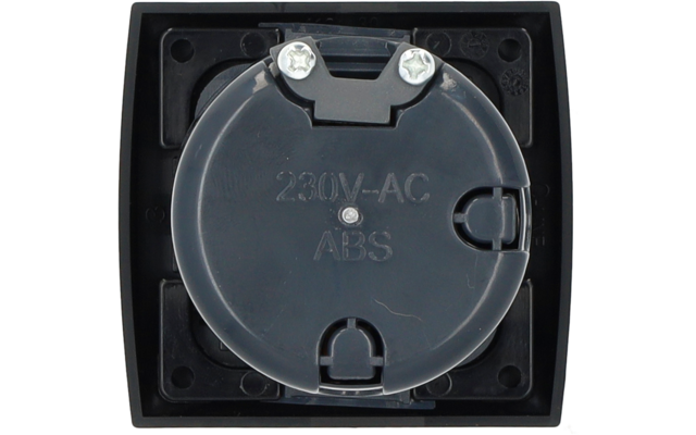 Black square frame with a round plastic cover stamped '230V-AC' and 'ABS'; two Phillips screws at the top; hinge and latch openings visible