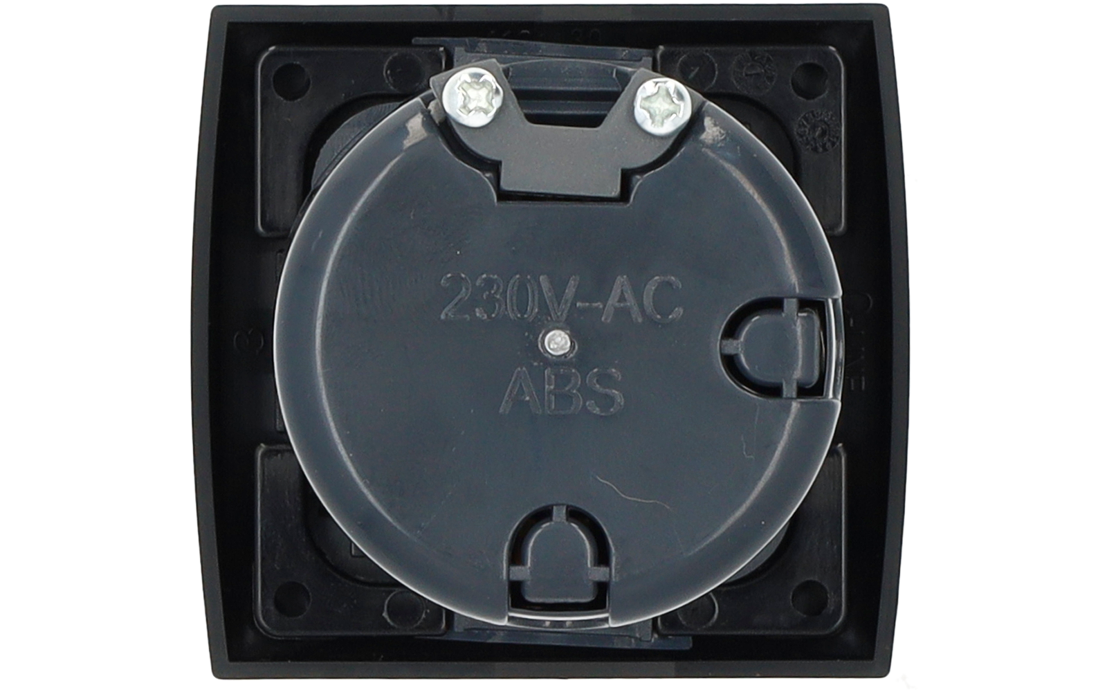 Black square frame with a round plastic cover stamped '230V-AC' and 'ABS'; two Phillips screws at the top; hinge and latch openings visible