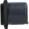 Side view of a cylindrical dark gray plastic housing with a black flange on the left, a recessed notch on the side, and a small metal screw at the lower right