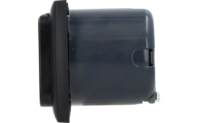 Side view of a cylindrical dark gray plastic housing with a black flange on the left, a recessed notch on the side, and a small metal screw at the lower right
