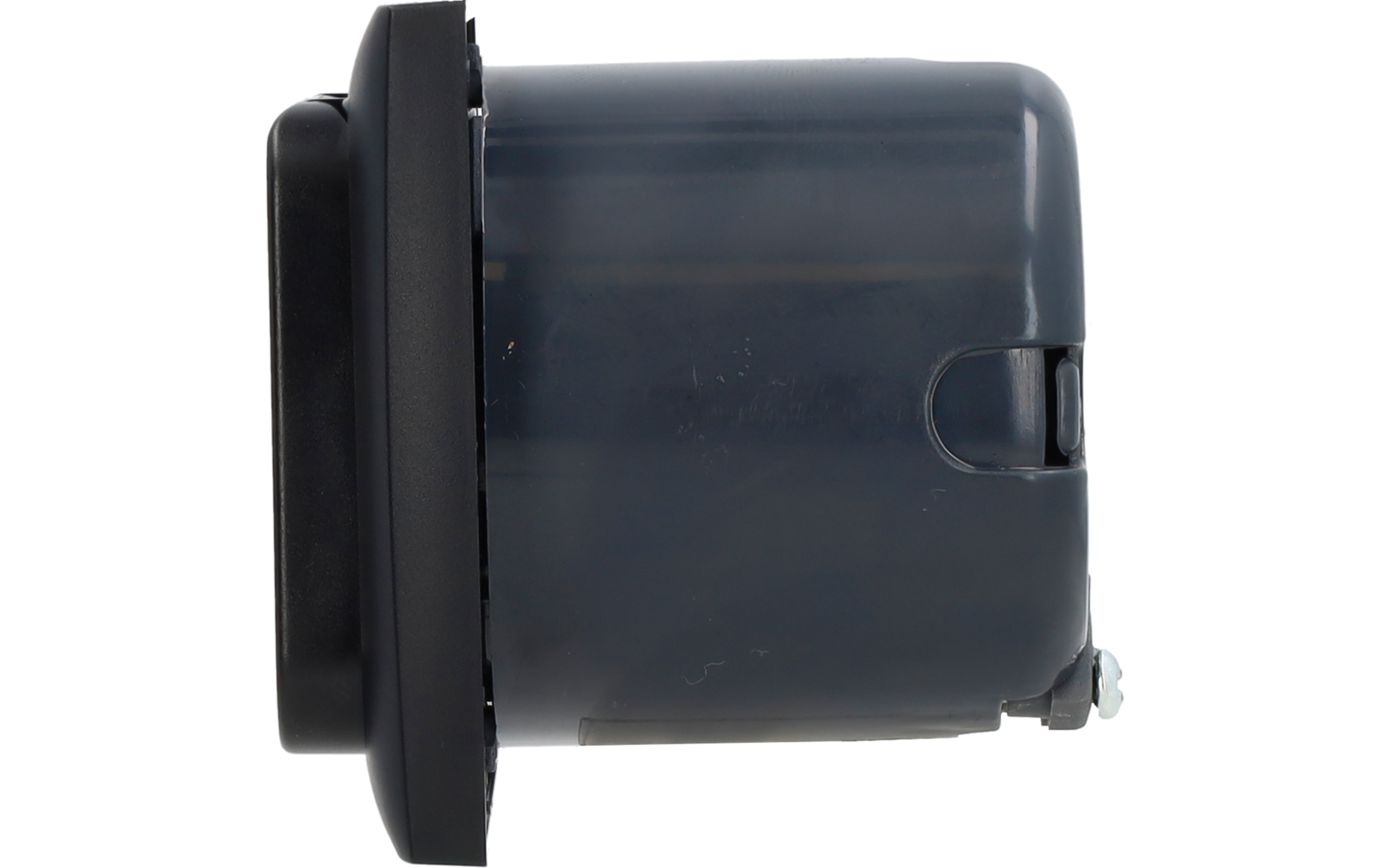 Side view of a cylindrical dark gray plastic housing with a black flange on the left, a recessed notch on the side, and a small metal screw at the lower right