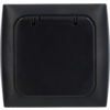 Black square plastic housing with a central square flap and two visible hinges at the top