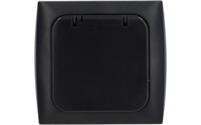 Black square plastic housing with a central square flap and two visible hinges at the top