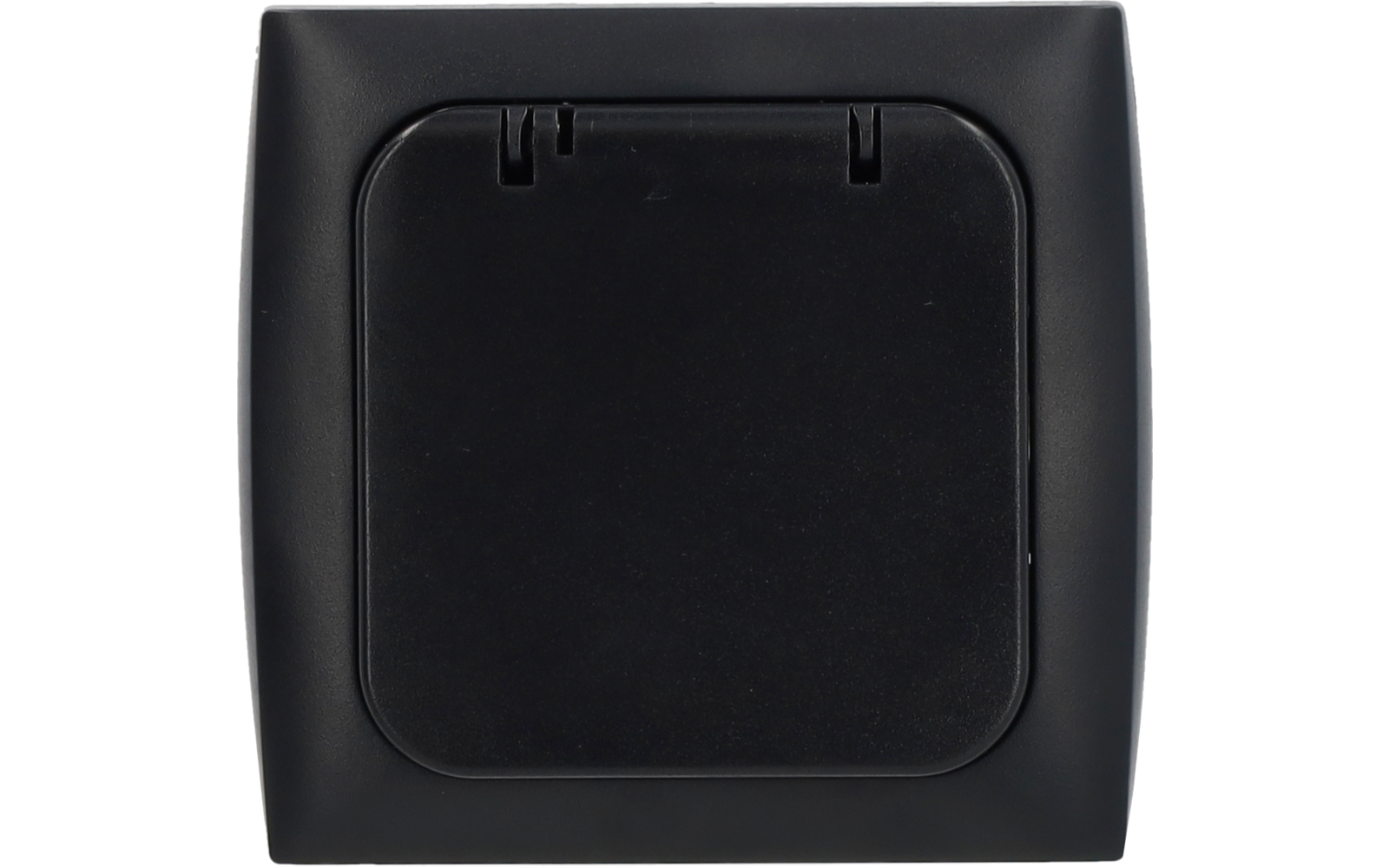 Black square plastic housing with a central square flap and two visible hinges at the top