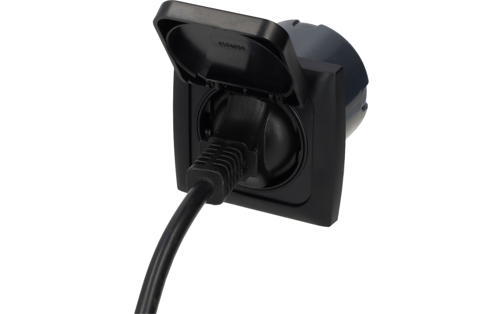 Black recessed outlet with open hinged cover and a black plug with cable inserted