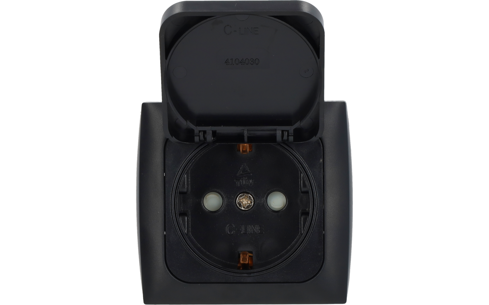 Black electrical outlet with round inner section, two round contact holes and open flip cover