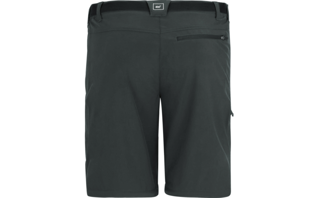 Rückansicht einer dunkelgrauen Shorts mit Bund, Gürtelschlaufen, einer Reißverschlusstasche rechts hinten und einer kleinen Schlaufe an der linken Seite