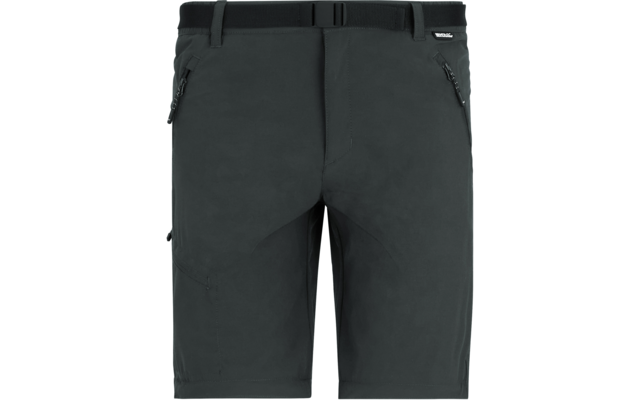 Dunkelgraue knielange Shorts auf weißem Hintergrund, Bund mit Gürtel und Schnalle, zwei schräge Reißverschlusstaschen vorne, seitliche Reißverschlusstasche am Oberschenkel, kleines Logo am Bund