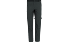 Pantalon long gris foncé avec passants de ceinture, poches obliques zippées aux hanches et fermetures éclair autour des cuisses ; jambes coupe droite