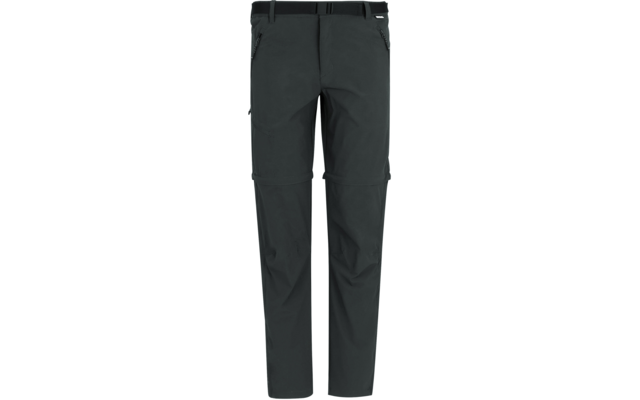 Dunkelgraue lange Hose mit Gürtelschlaufen, schrägen Reißverschlusstaschen an den Hüften und umlaufenden Reißverschlüssen an den Oberschenkeln; gerade geschnittene Hosenbeine