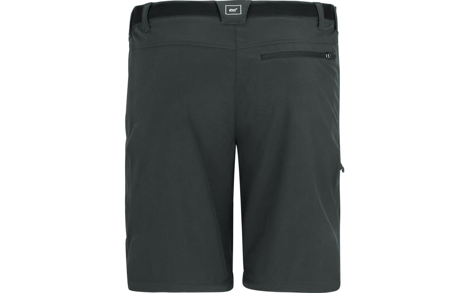 Rückansicht einer dunkelgrauen Shorts mit Bund, Gürtelschlaufen, einer Reißverschlusstasche rechts hinten und einer kleinen Schlaufe an der linken Seite