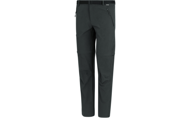 Dunkelgraue lange Hose mit schmalem Gürtel und Schnalle, schräger Reißverschlusstasche am rechten Oberschenkel und vorgeformten Knien