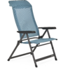 Chaise de jardin bleue avec cadre en métal noir et coussin