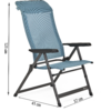 Chaise de camping pliante avec tissu bleu clair et structure noire