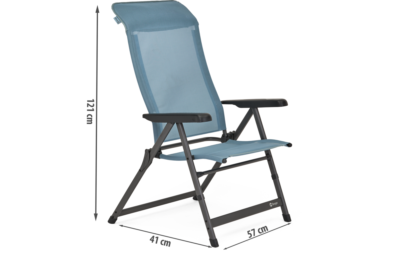 Chaise de camping pliante avec tissu bleu clair et structure noire