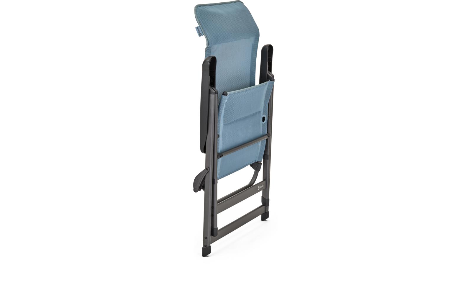 Chaise pliée avec cadre en métal noir et assise bleue