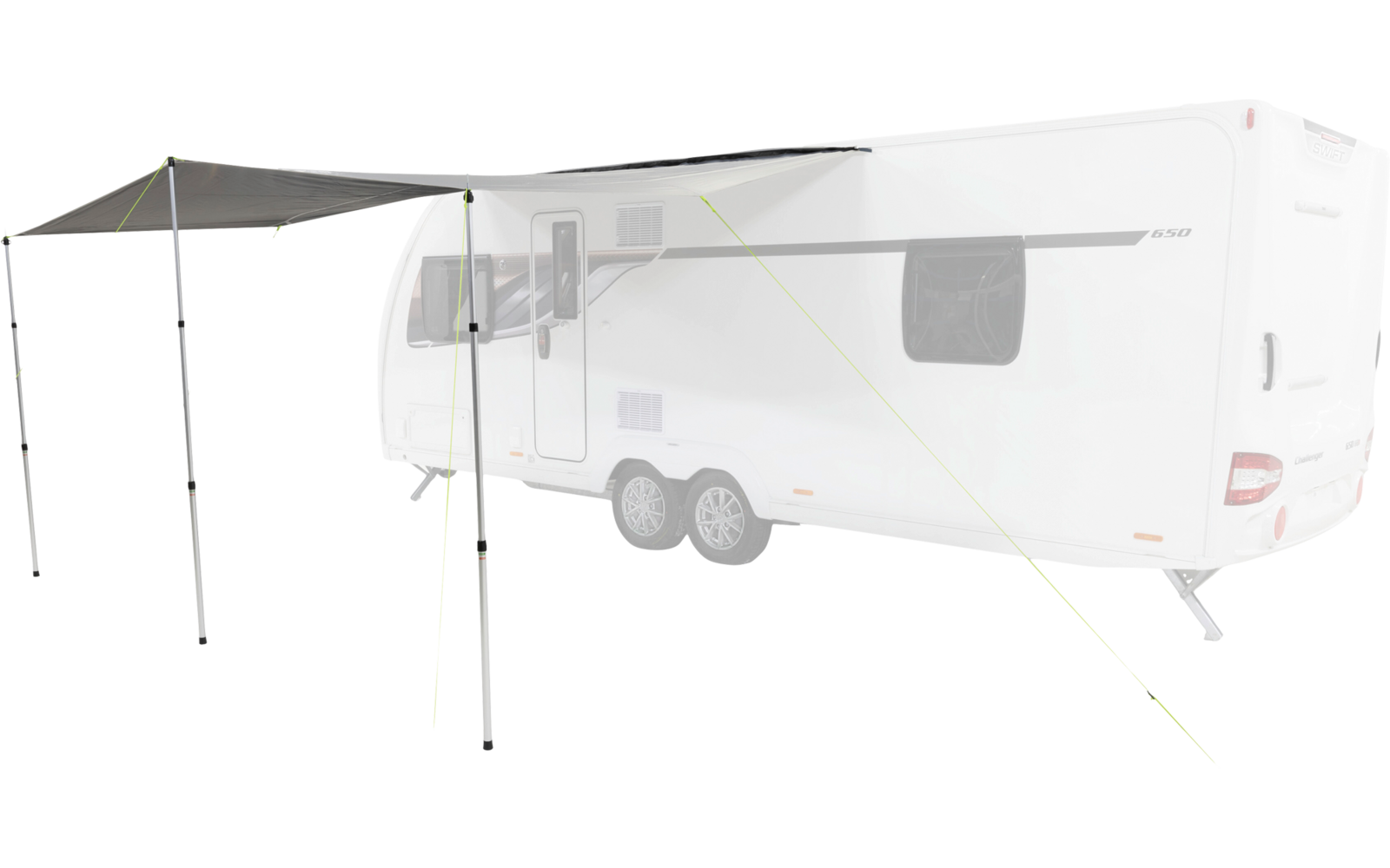 White caravan with extended dark gray awning supported by three poles and secured with yellow guy lines