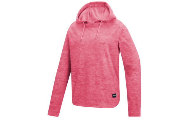 Rosa melierter Kapuzenpullover mit langen Ärmeln, Kordelzug und kleinem schwarzem Etikett am Saum