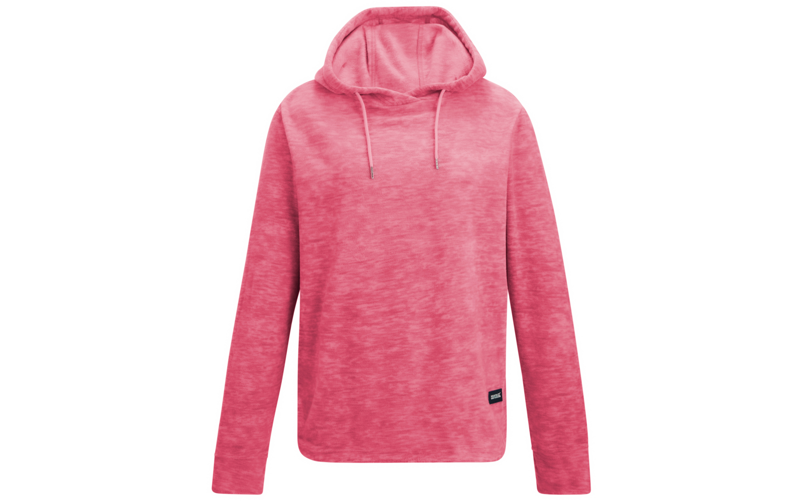 Rosa meliertes Kapuzensweatshirt mit langen Ärmeln, Kordelzug an der Kapuze und kleinem schwarzem Label am Saum