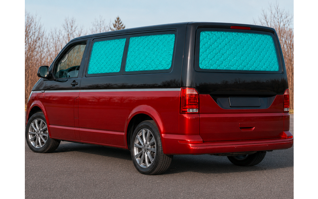 Red van, blue quilted window covers, parked on a road; leafless trees and sky in the background