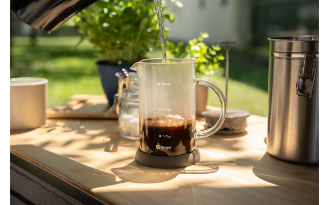 Vaso medidor de vidrio con marcas de medida, posos de café oscuros en el fondo; agua vertiéndose desde una tetera en el vaso; superficie de madera, planta en maceta, recipiente metálico y taza de cerámica en el fondo