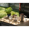 Mesa de madera al aire libre con dos macetas pequeñas con plantas verdes, dos tarros de vidrio, una cafetera de émbolo de vidrio y una jarra alta de acero inoxidable; lateral de un vehículo y césped al fondo