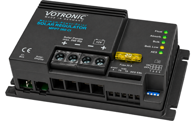 Black rectangular electronic unit with printed label 'VOTRONIC SOLAR REGULATOR MPPT 260 CI', three screw terminals, yellow 20 A fuse, green LED indicators, multiple connector ports and mounting flanges