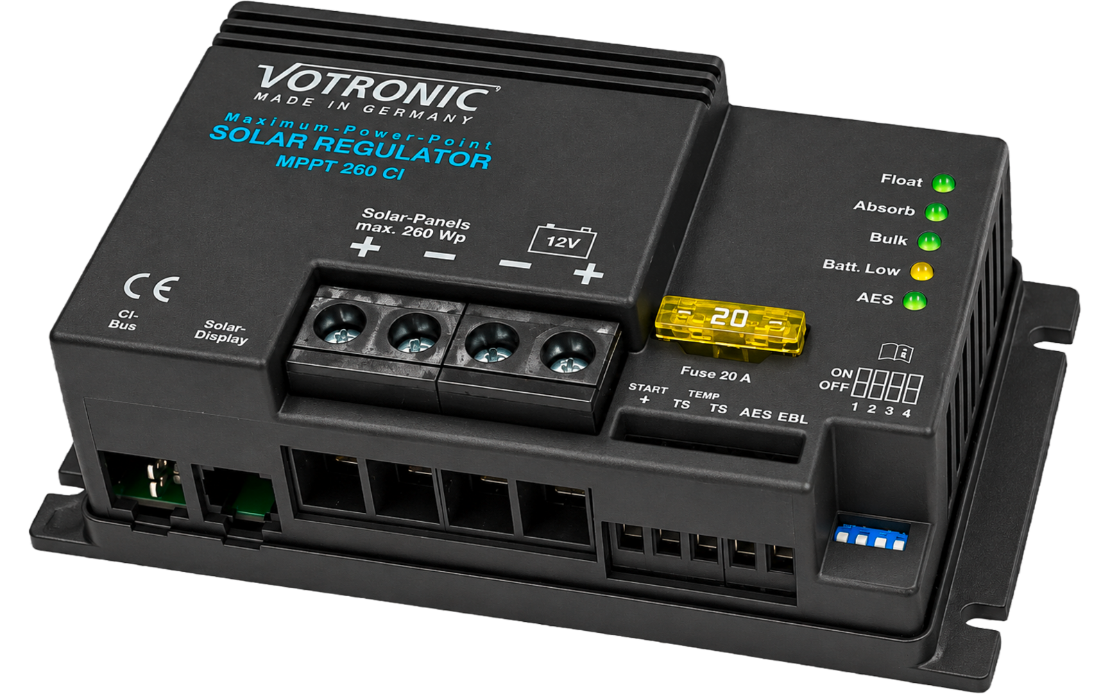 Black rectangular electronic unit with printed label 'VOTRONIC SOLAR REGULATOR MPPT 260 CI', three screw terminals, yellow 20 A fuse, green LED indicators, multiple connector ports and mounting flanges