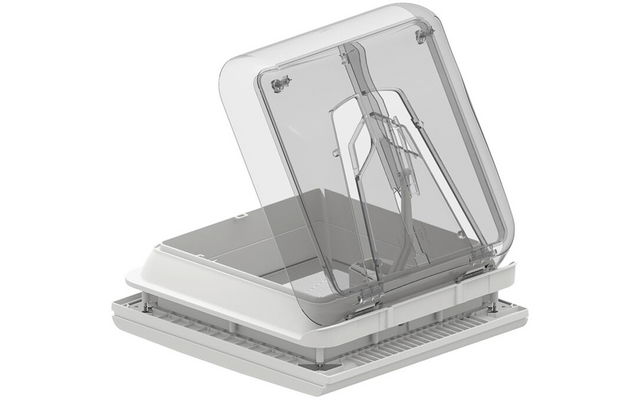 Rechteckige Dachluke mit weißem Rahmen und aufgeklappter transparenter Abdeckung