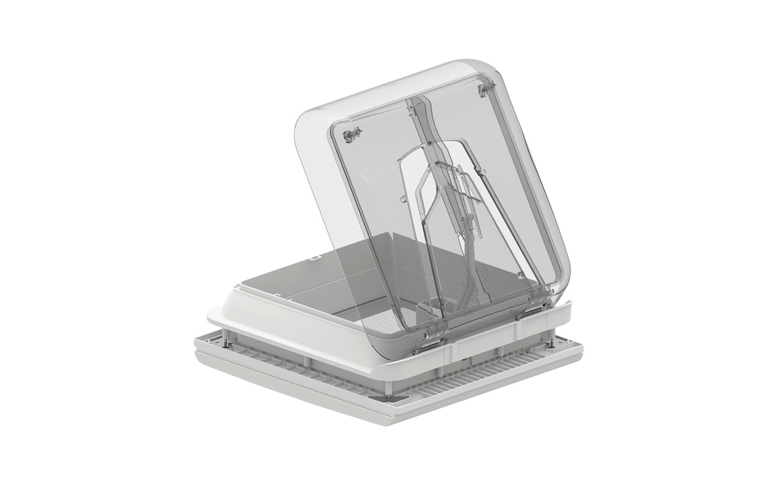 Rechteckige Dachluke mit weißem Rahmen und aufgeklappter transparenter Abdeckung