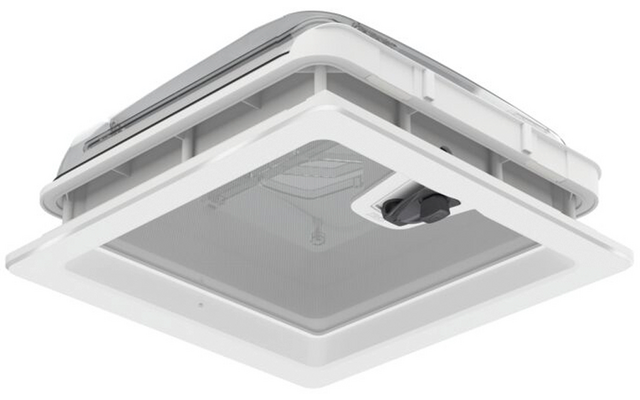 Weißes quadratisches Deckengerät mit zentralem rechteckigem Lüftungsgitter und kleiner rechteckiger Öffnung, abgerundete Ecken