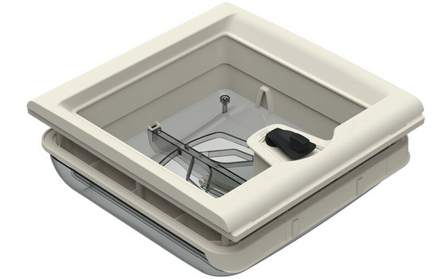 Quadratischer cremefarbener Kunststoffrahmen mit innenliegendem transparentem Fenster, sichtbaren Metallscharnieren und schwarzem Griff