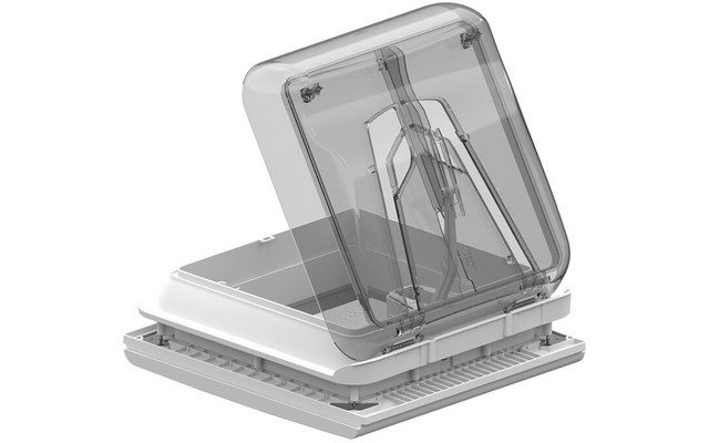 Quadratischer weißer Rahmen mit durchsichtigem, aufgeklapptem Deckel, sichtbaren Scharnieren und Verriegelungen