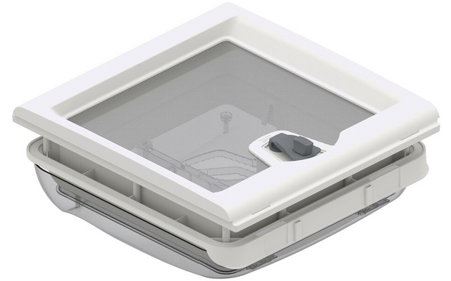 Quadratischer weißer Kunststoffrahmen mit transparentem, leicht getöntem Deckel, innerem Maschensieb und dunkelgrauem runden Drehknopf