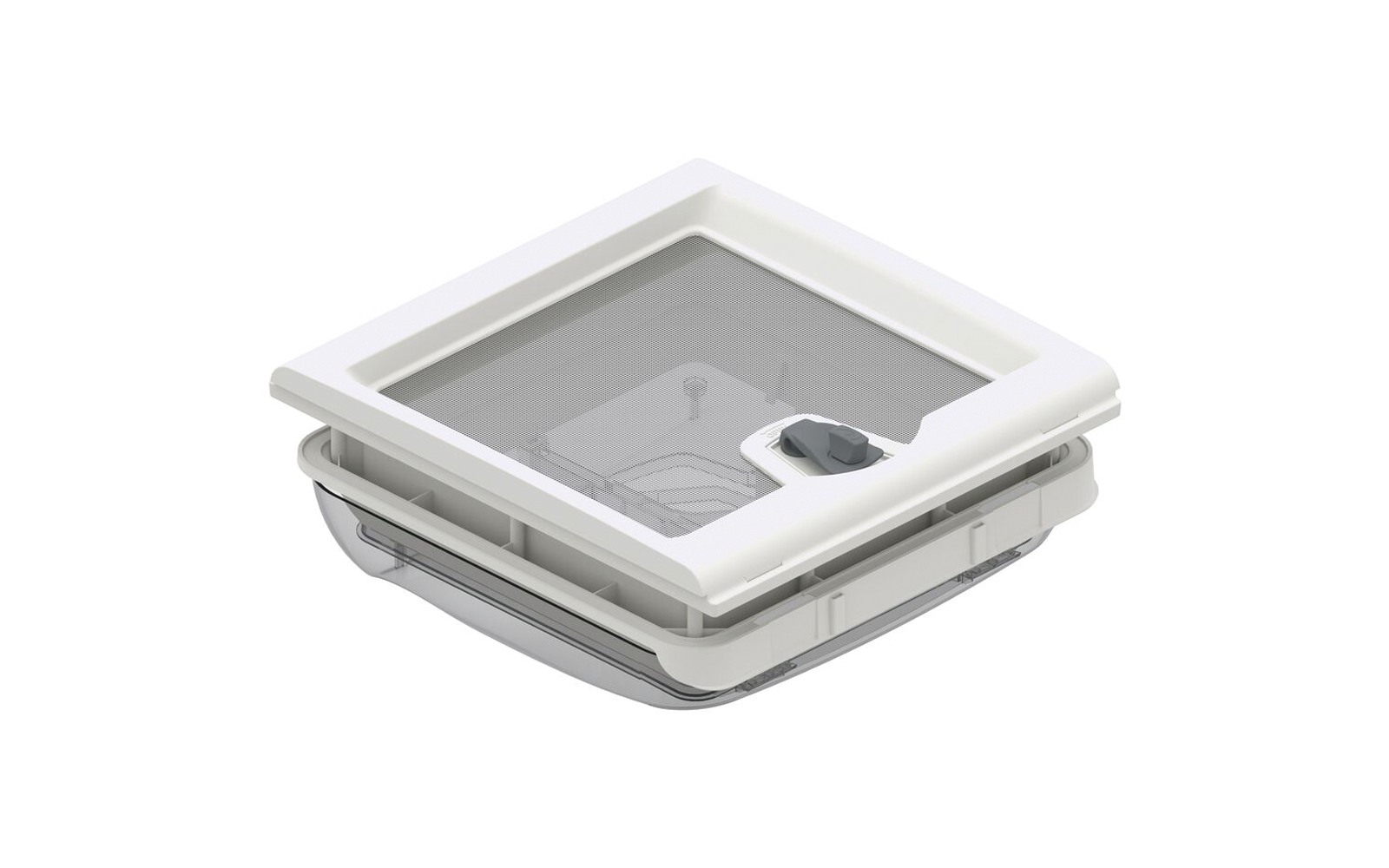 Quadratischer weißer Kunststoffrahmen mit transparentem, leicht getöntem Deckel, innerem Maschensieb und dunkelgrauem runden Drehknopf