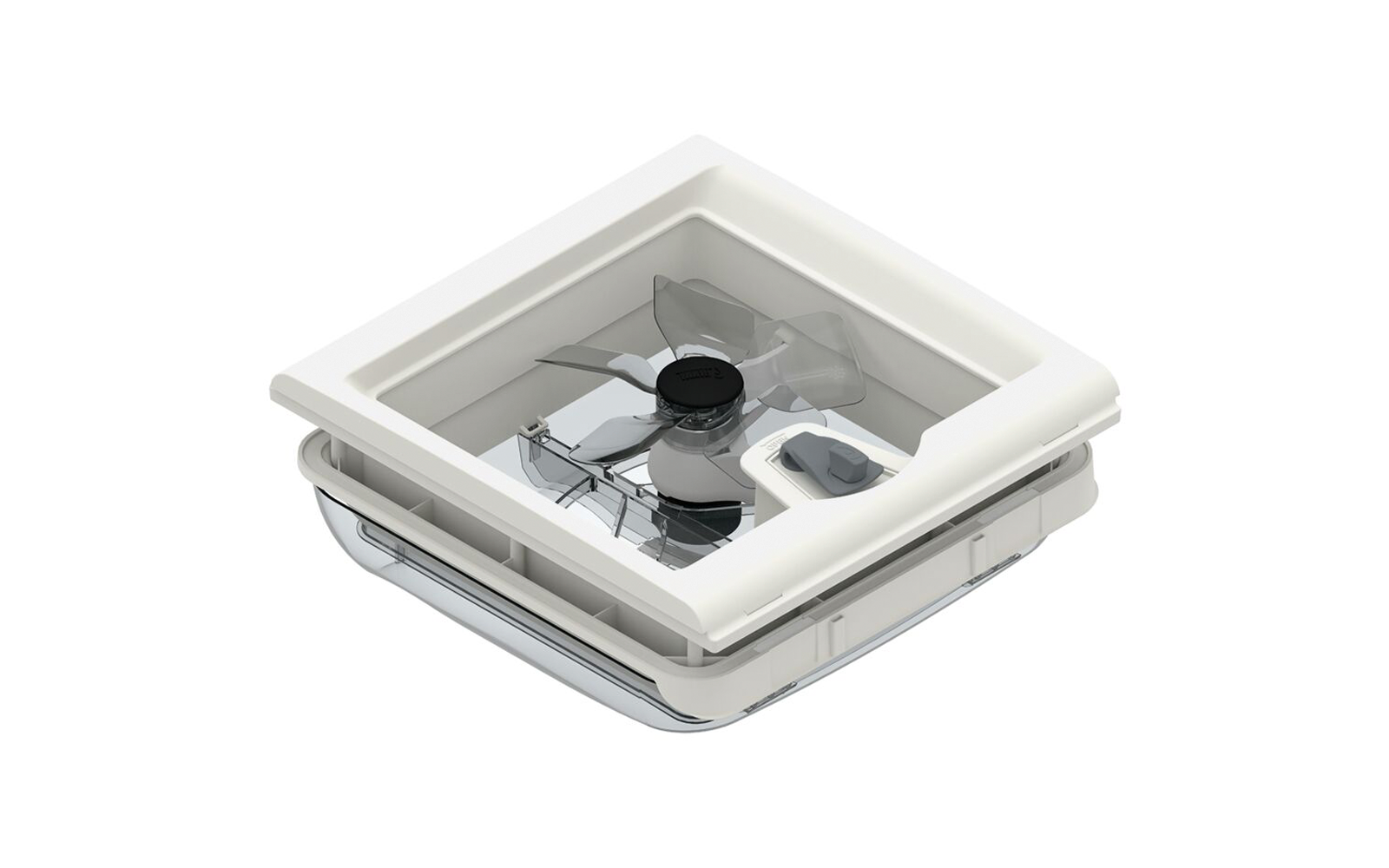 Quadratischer weißer Kunststoffrahmen mit transparentem Klappdeckel; innen vier transparente/silberne Rotorblätter, schwarzer Nabenmittelpunkt und grauer Schalter