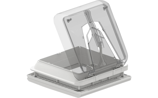 Trappe de toit rectangulaire avec cadre blanc et couvercle transparent ouvert