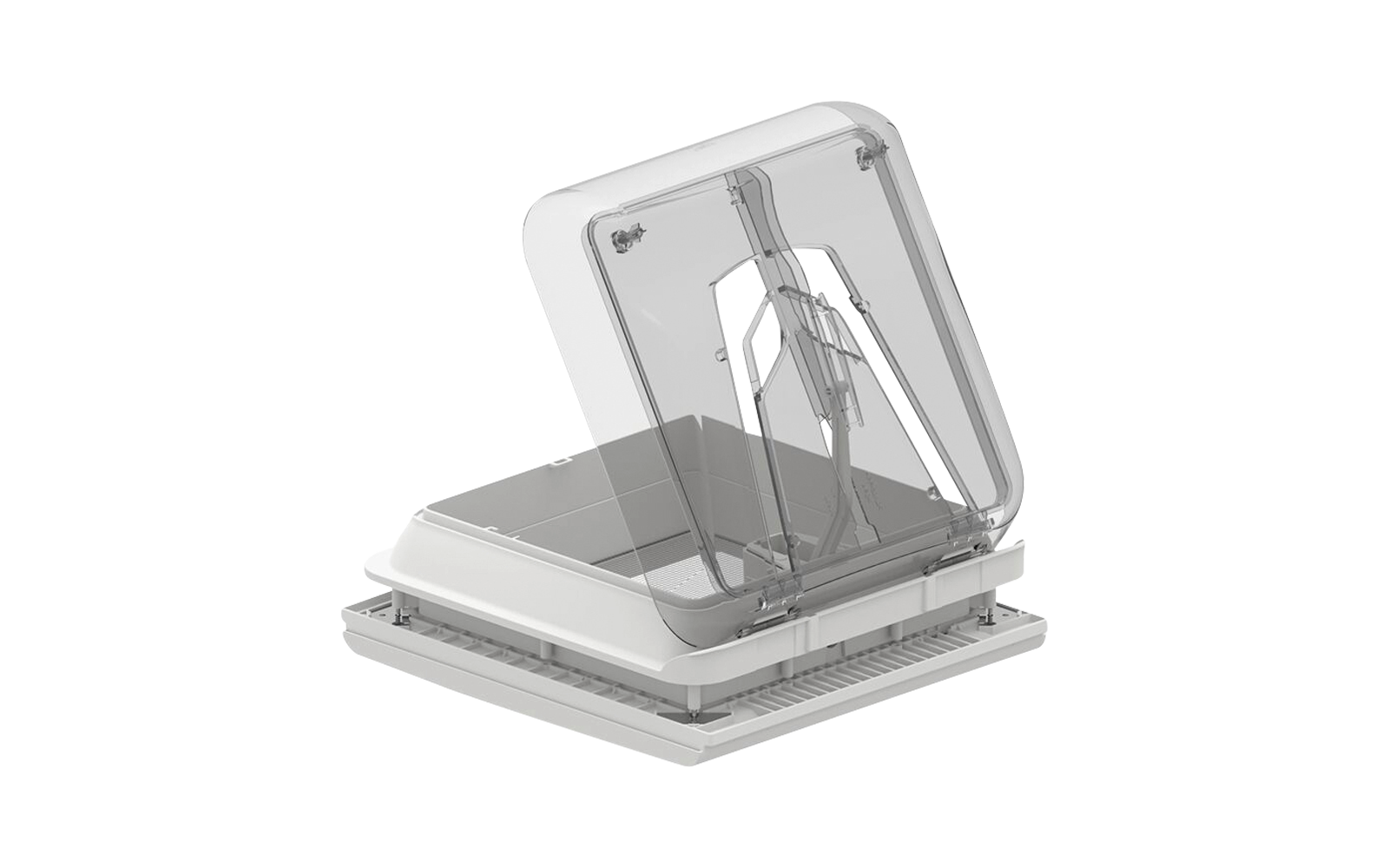 Trappe de toit rectangulaire avec cadre blanc et couvercle transparent ouvert