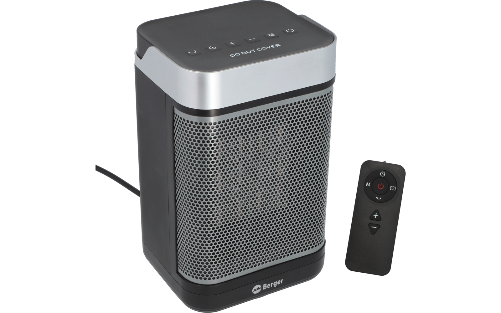 Kleiner elektrischer Heizlüfter mit schwarzem Gehäuse und Metallgitter auf der Vorderseite, stehend mit Stromkabel