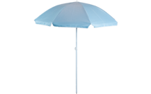 Hellblauer Sonnenschirm mit rundem Stoffdach und weißer Mittelstange