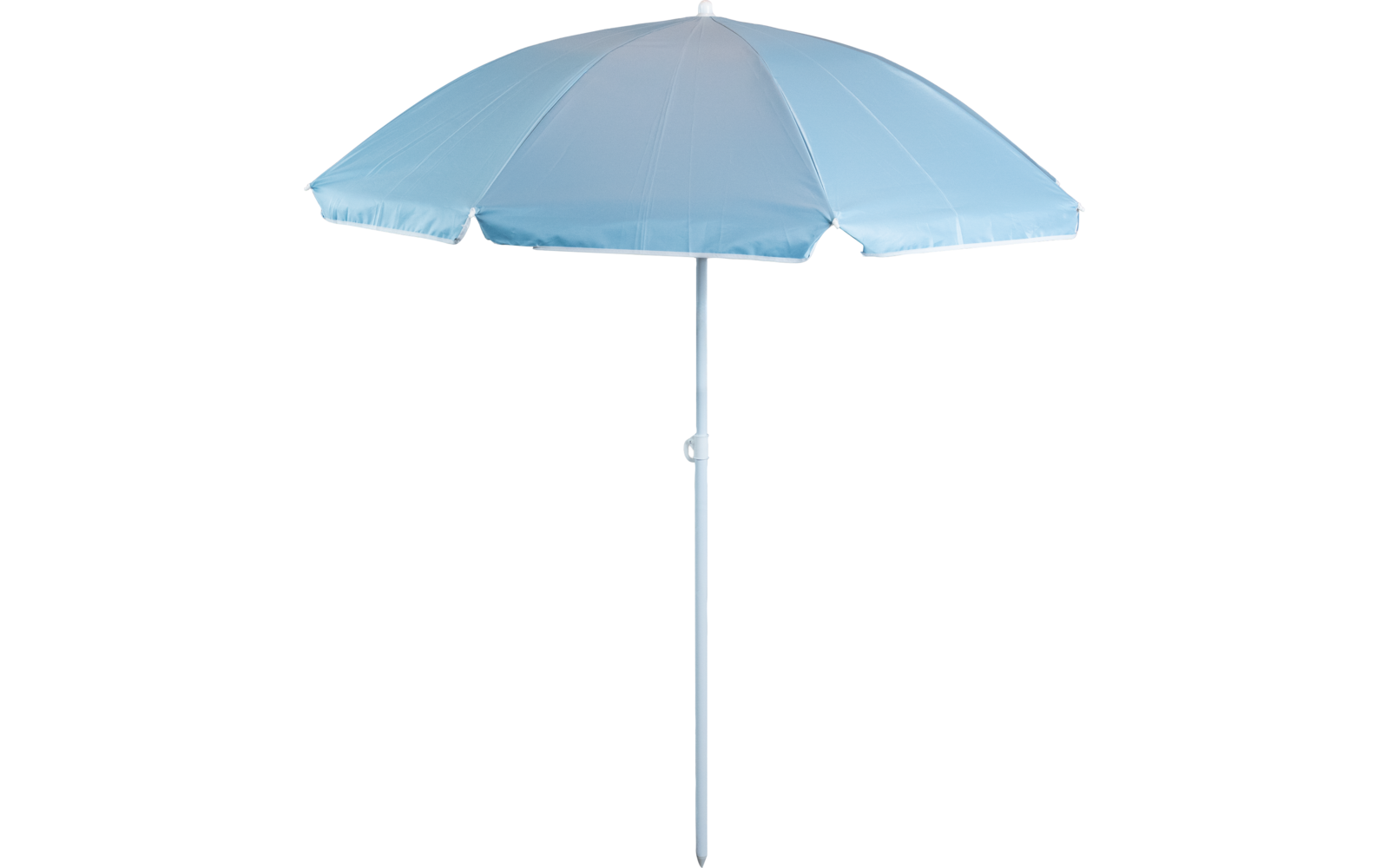 Hellblauer Sonnenschirm mit rundem Stoffdach und weißer Mittelstange