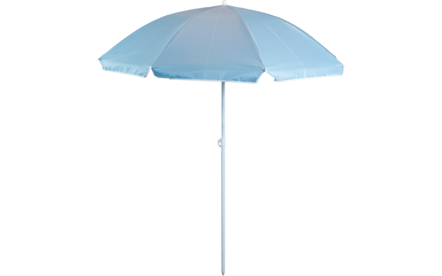 Hellblauer Sonnenschirm mit rundem Stoffdach und weißer Mittelstange