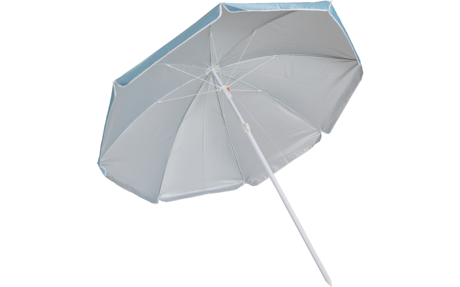 Geöffneter weißer Sonnenschirm, sichtbares Gestänge und schräger weißer Stab