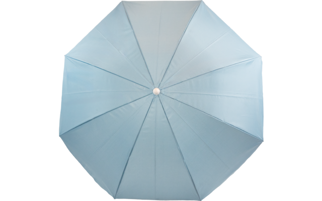 Geöffneter hellblauer Schirm von oben, acht Segmente, mittiger Knopf