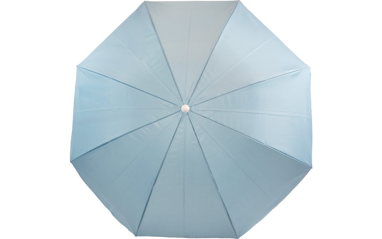 Geöffneter hellblauer Schirm von oben, acht Segmente, mittiger Knopf