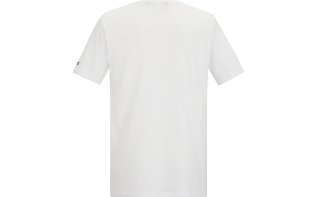 Rückansicht eines weißen T-Shirts mit kurzen Ärmeln, rundem Ausschnitt und kleinem Logo auf dem Ärmel