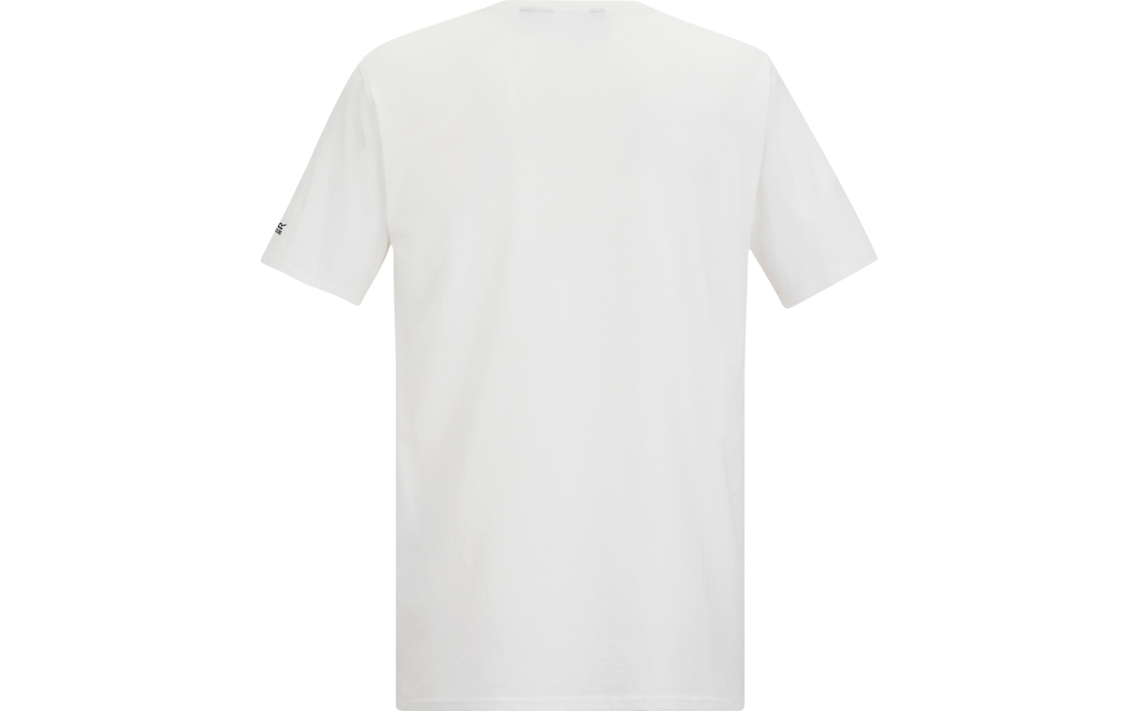 Rückansicht eines weißen T-Shirts mit kurzen Ärmeln, rundem Ausschnitt und kleinem Logo auf dem Ärmel