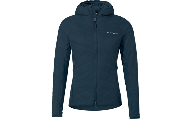 dunkelblaue gesteppte Jacke mit Kapuze, durchgehendem Reißverschluss, zwei seitlichen Reißverschlusstaschen, langen Ärmeln und 'Vaude'-Logo auf der linken Brust